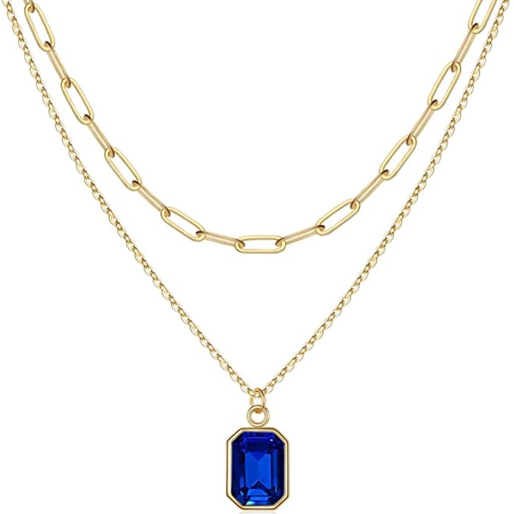 Women, Real Gold Plated Birthstone Necklace for Women Layered Paperclip Chain